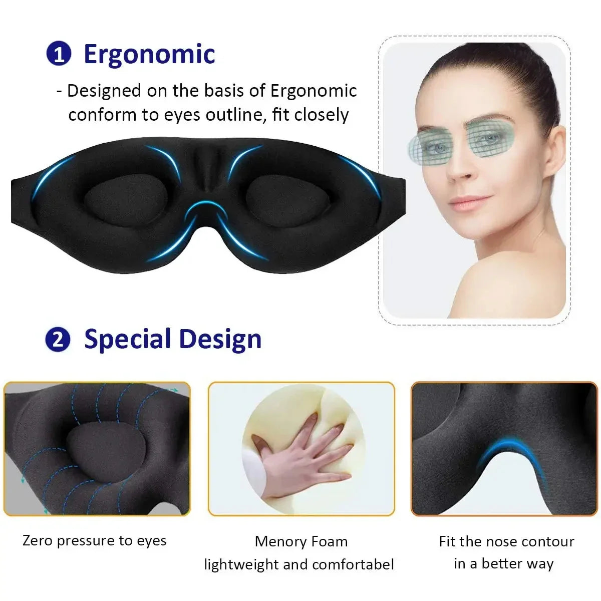 Mascherina Sonno 3D Buio Totale – Blocca la Luce Senza Schiacciare gli Occhi (Comfort Ultra, Fascia Regolabile)
